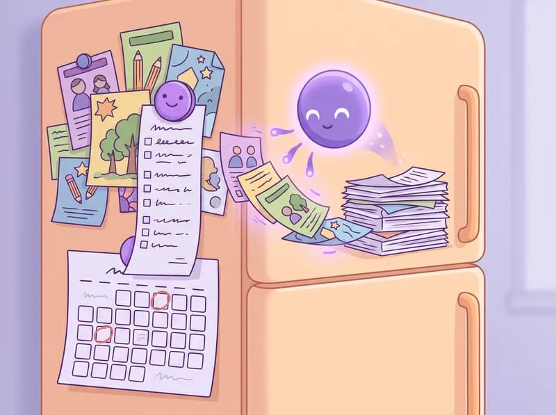 Illustration: the Jen helper orb sorting school flyers on a refrigerator into a tidy stack